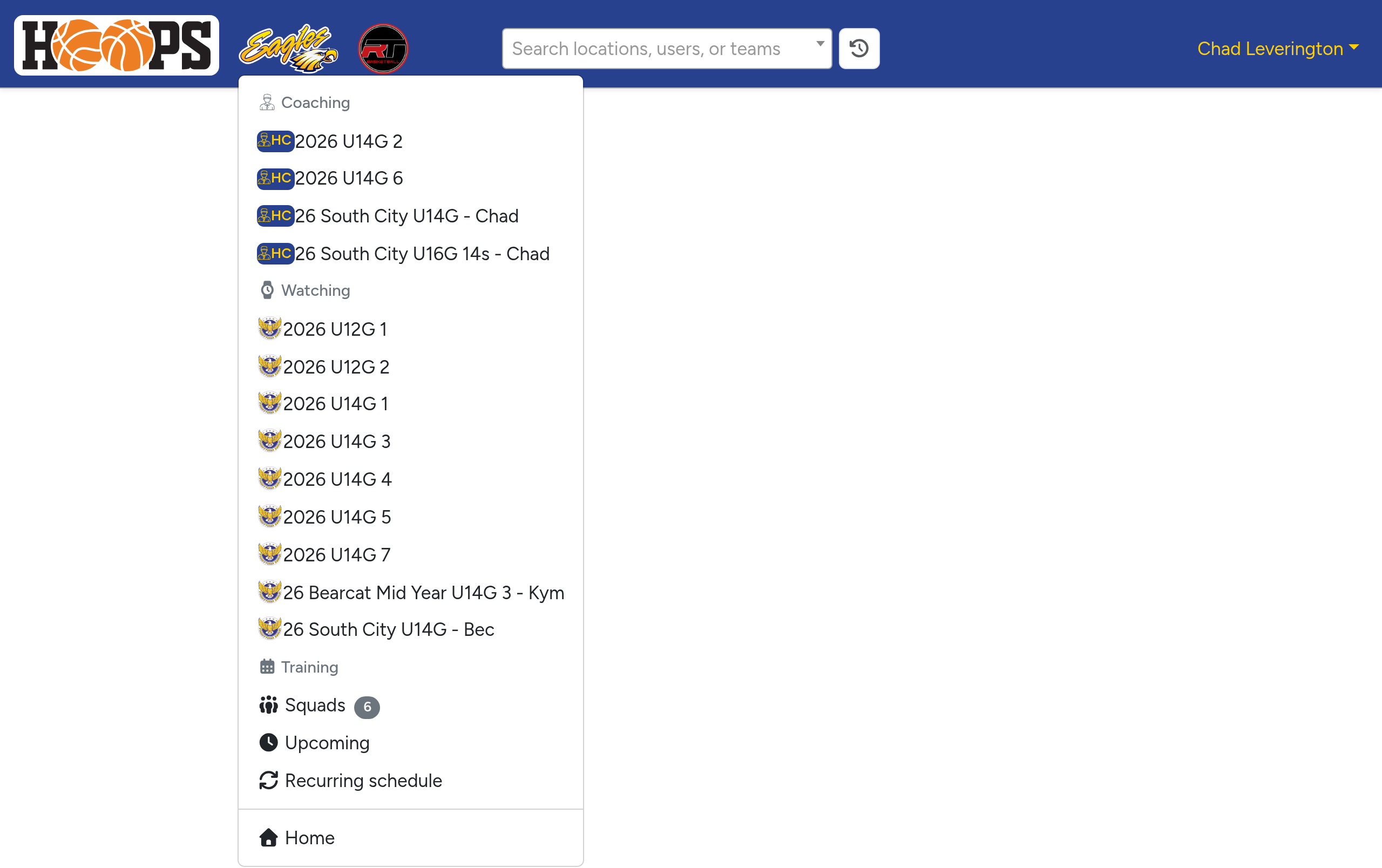 Club logo dropdown showing Playing, Coaching, and Watching team sections