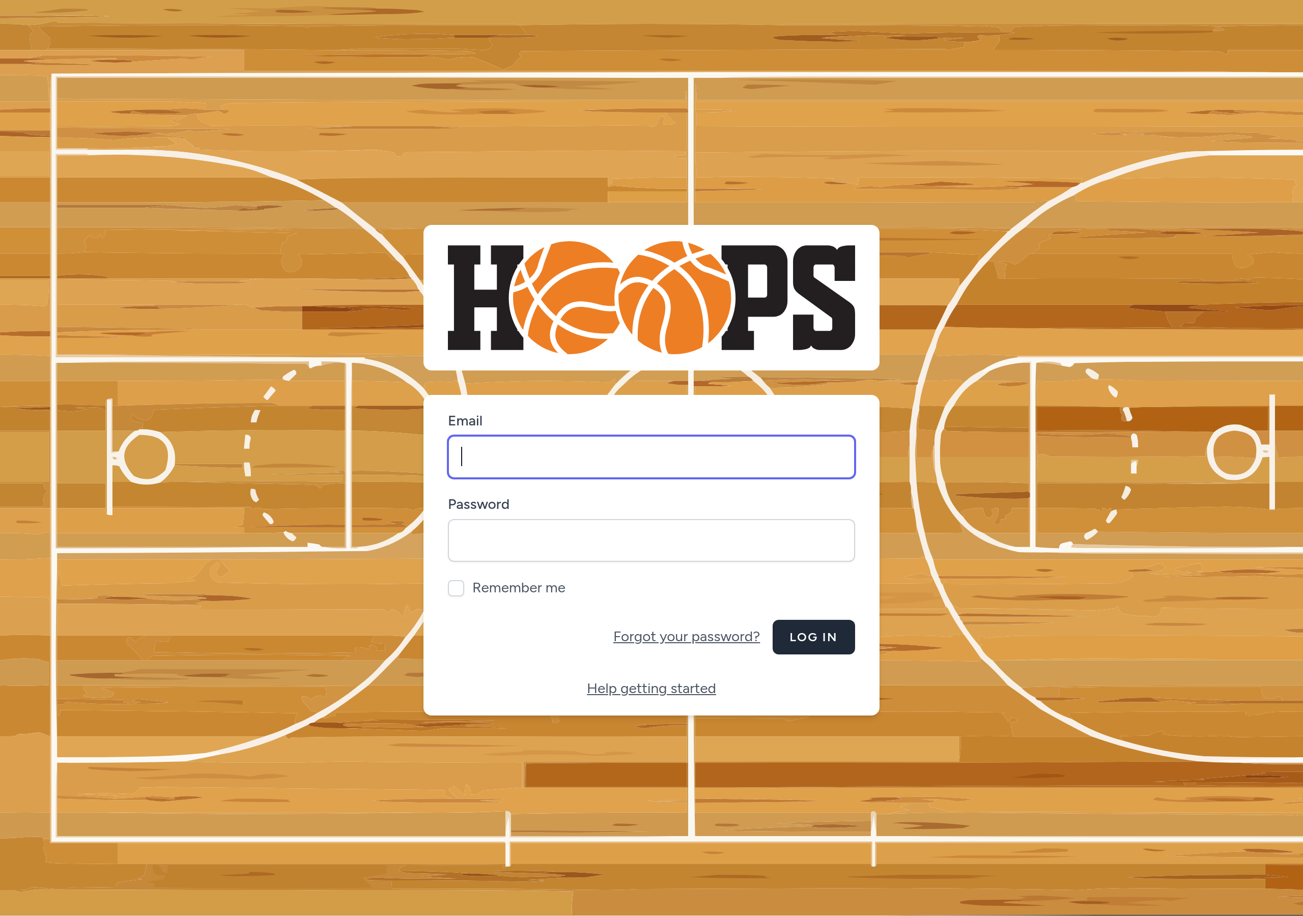 Hoops login screen with email, password, and Log in button