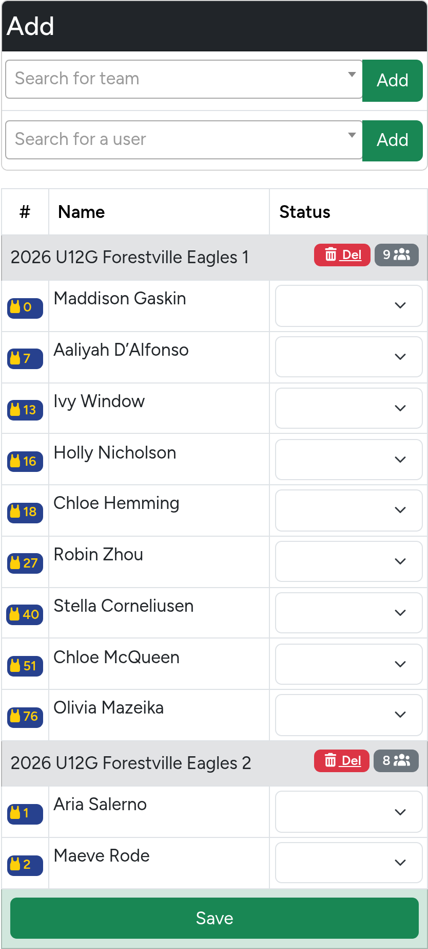 Training attendance table with Status dropdowns for each player and a Save button