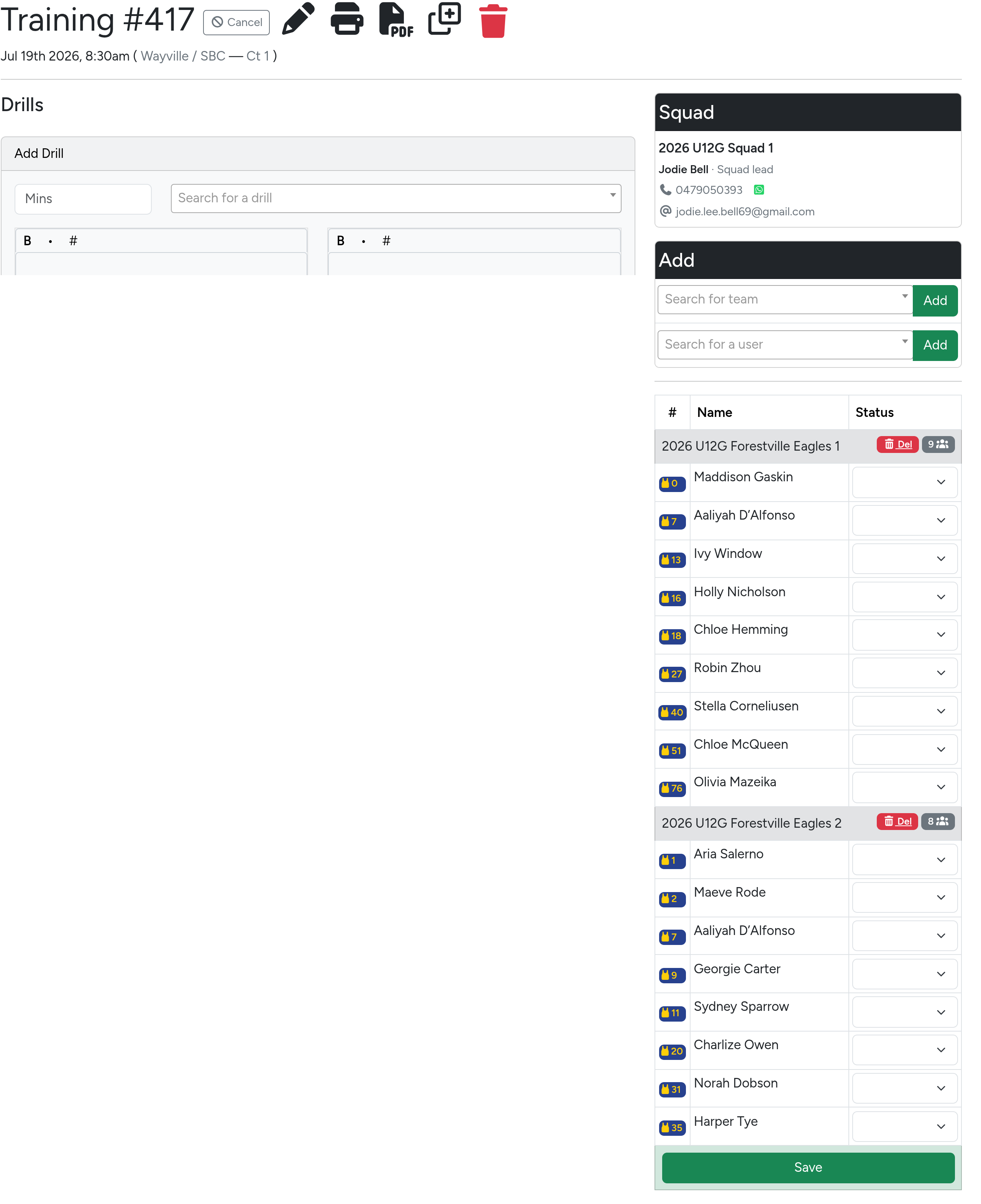Training page with drills on the left and attendance list on the right